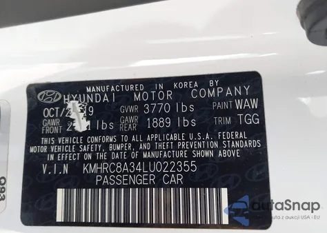 2020 Hyundai Venue Sel z USA, uszkodzony, nr VIN KMHRC8A34LU022355